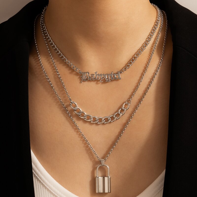 

Lock & Letter Layered Chain Necklace, Silver