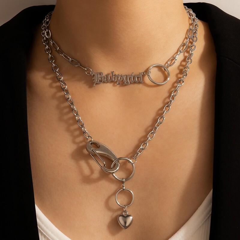 

Heart & Letter Layered Chain Necklace, Silver