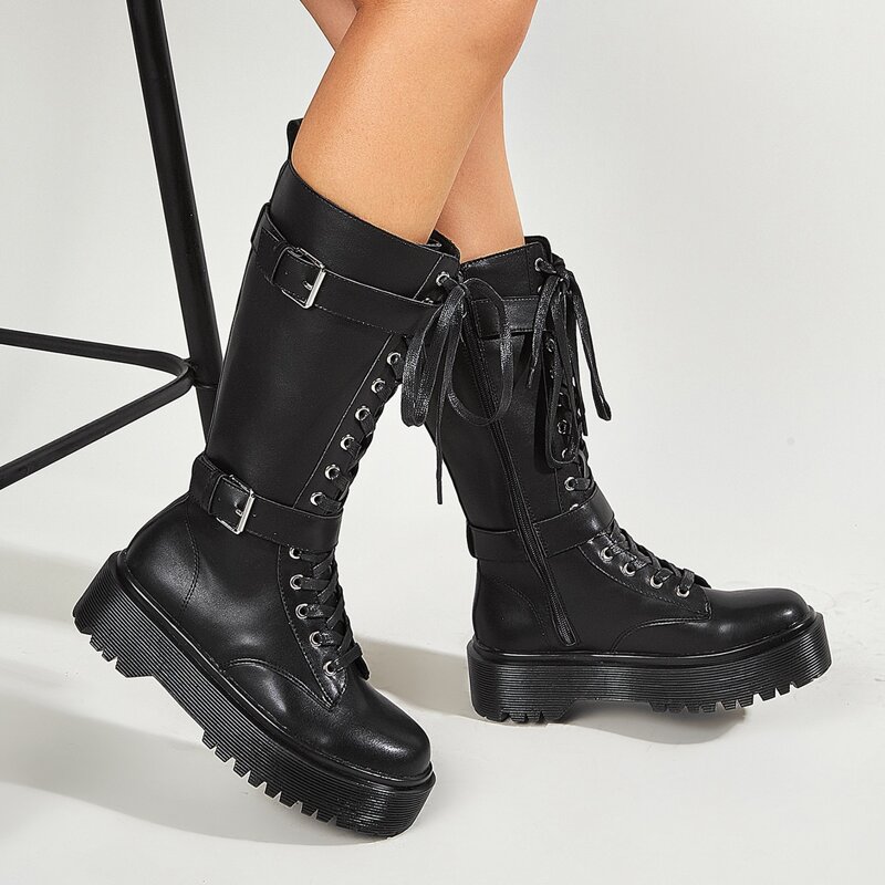 

Buckle Decor Combat Boots, Black
