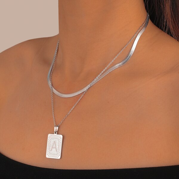 

Letter Engraved Geo Charm Necklace, Silver