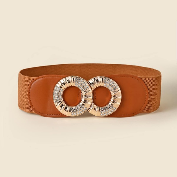 

Rhinestone Round Buckle Elastic Belt, Brown