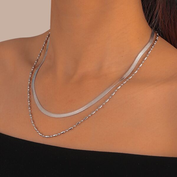 

2pcs Simple Solid Necklace, Silver
