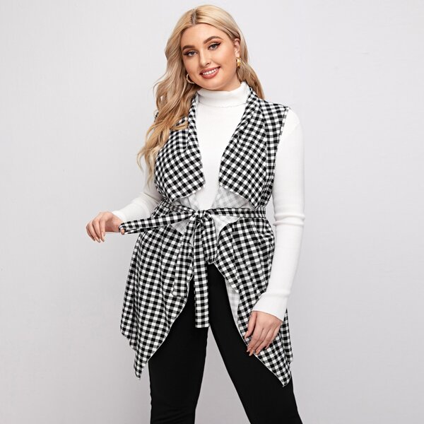 

Plus Geo Print Waterfall Neck Belted Vest Coat, Black and white