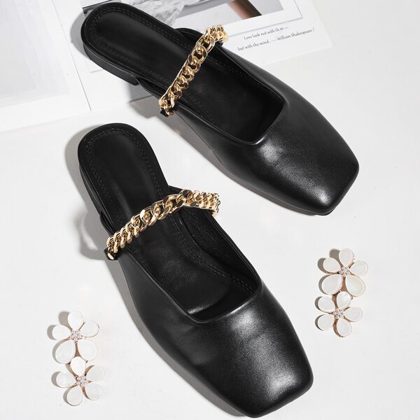 

Chain Decor Wide Fit Flat Mules, Black