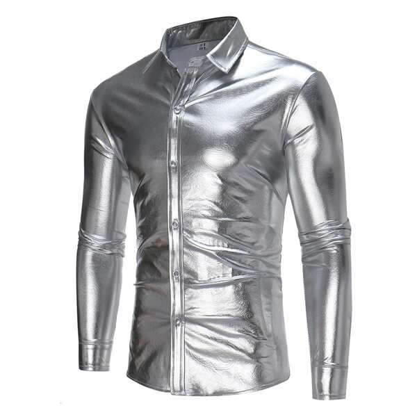 

Men Button Up Curved Hem Metallic Shirt, Silver