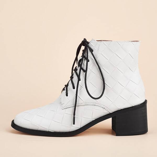 

Braided Embossed Lace-up Front Chunky Heeled Boots, White