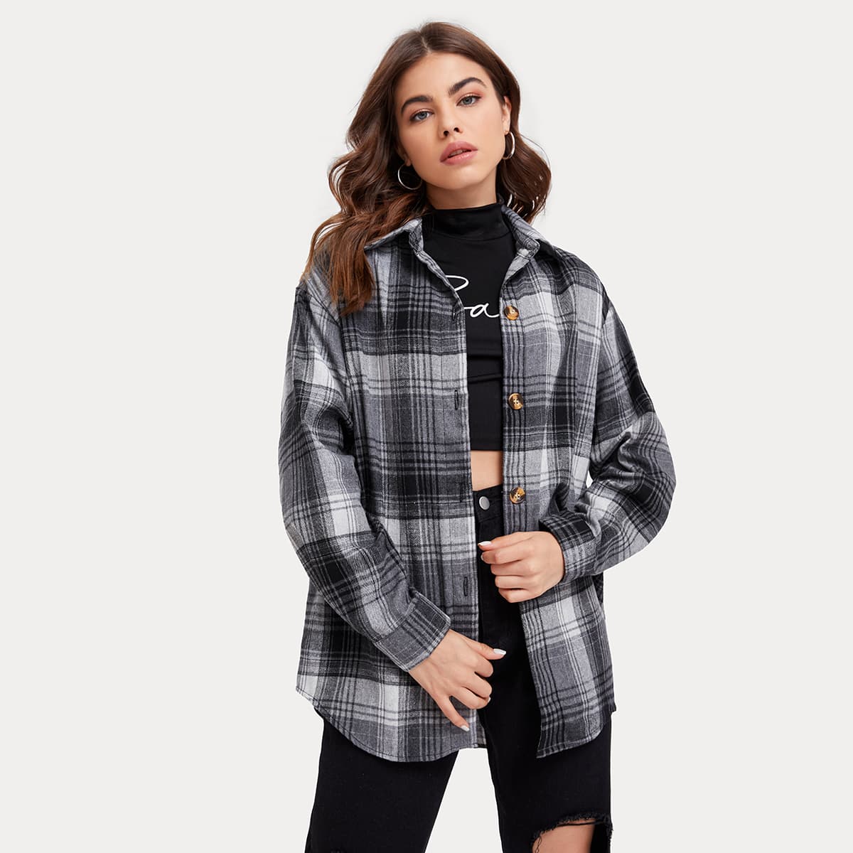 

Plaid Boyfriend Shirt, Grey