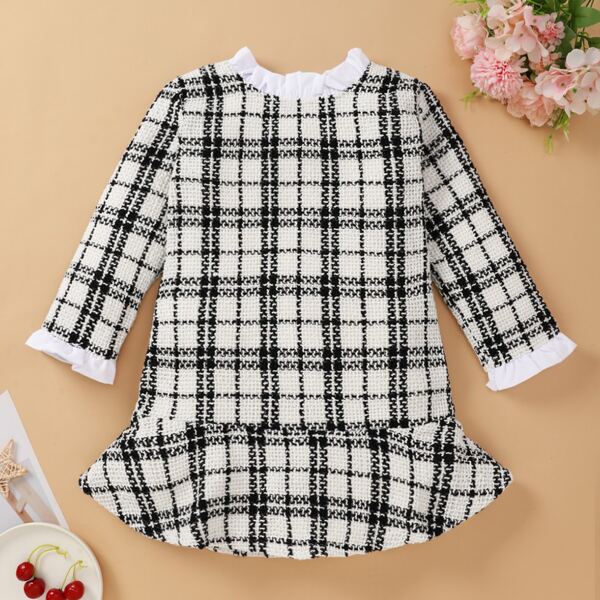 

Toddler Girls Plaid Tweed Smock Dress, Black and white