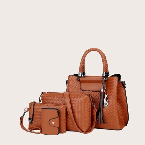 

4pcs Tassel & Cartoon Decor Braided Bag Sets, Brown