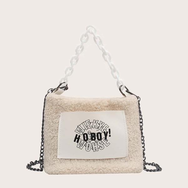

Girls Letter Graphic Faux Shearling Chain Bag, Beige