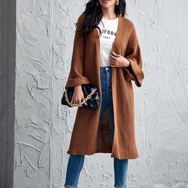 

Drop Shoulder Open Front Solid Cardigan, Brown
