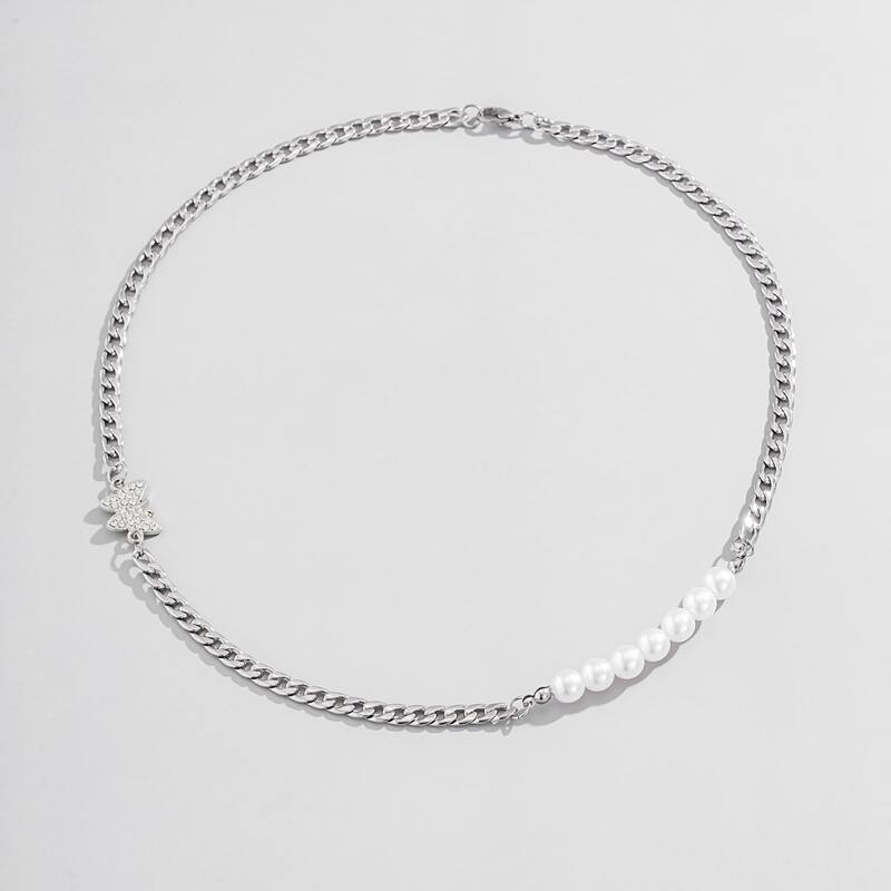 

Guys Faux Pearl & Butterfly Decor Necklace, Silver