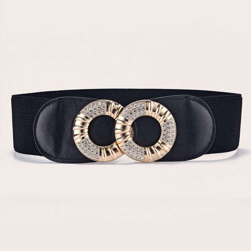 

Rhinestone Round Buckle Wide Belt, Black