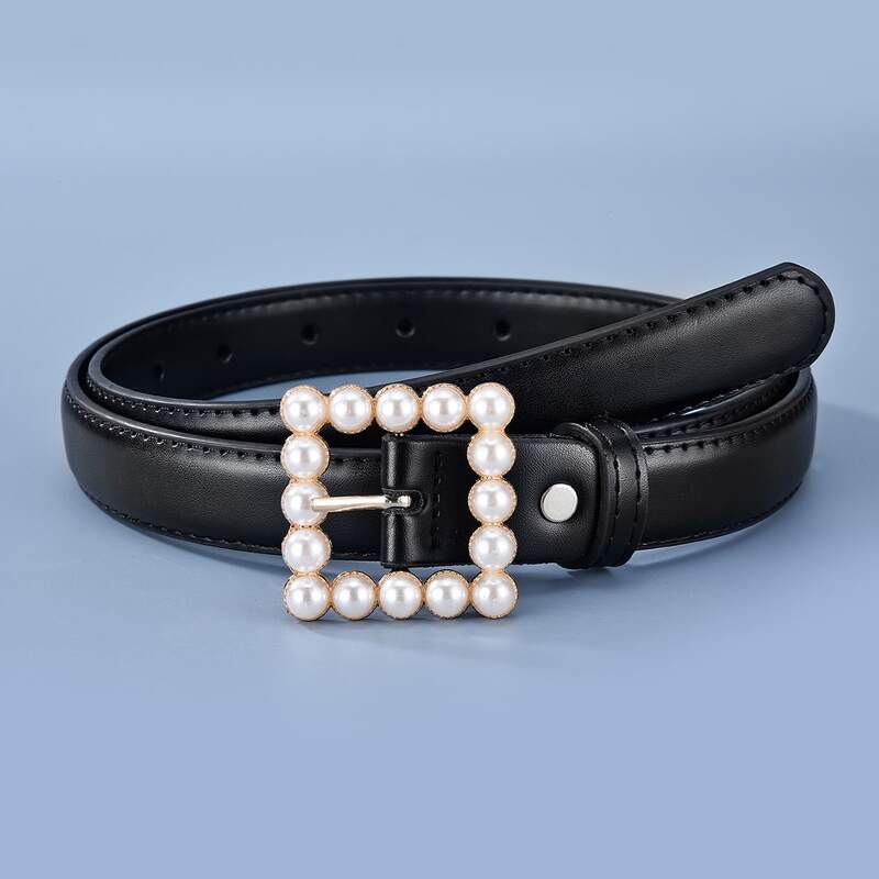 

Faux Pearl Square Buckle Belt, Black