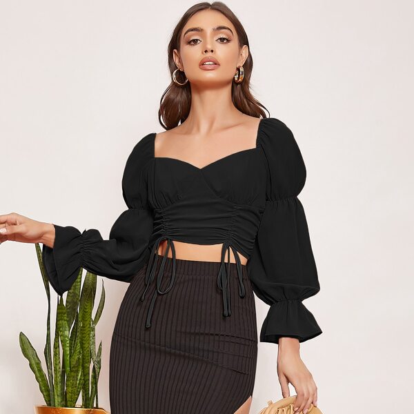 

Sweetheart Neck Shirred Back Ruched Bust Drawstring Knot Hem Top, Black