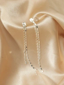 Metal Long Strip Threaded Earrings - Silver - View 2