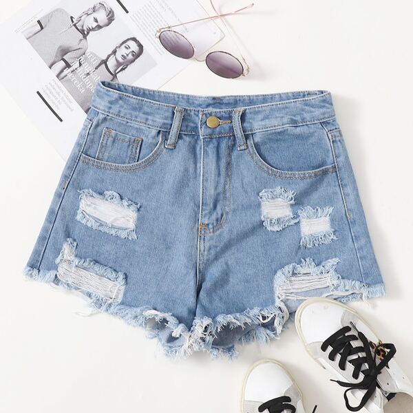 

Plus Raw Hem Ripped Denim Shorts, Light wash