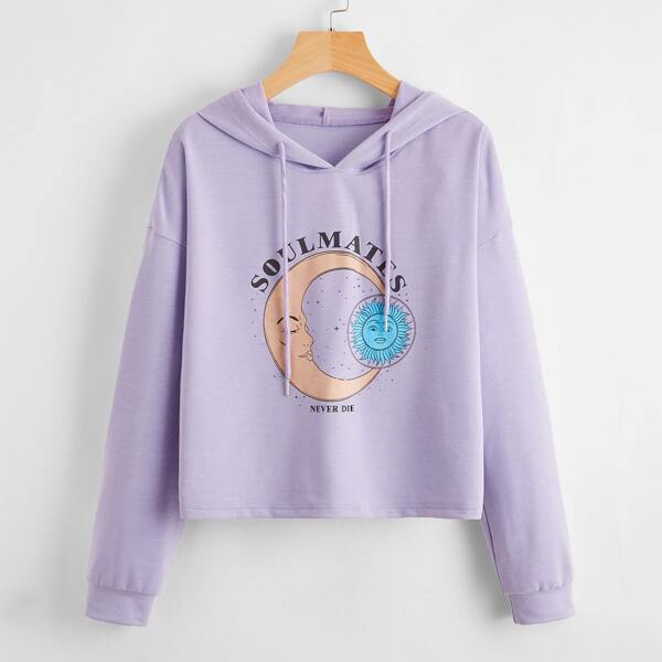 

Sun And Moon Print Drop Shoulder Hoodie, Lilac purple