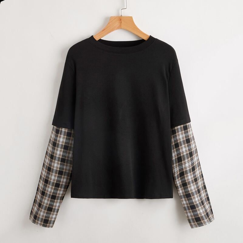 

Plaid Sleeve 2 In 1 Tee, Black