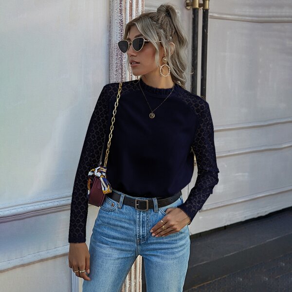 

Frill Neck Contrast Lace Sleeve Blouse, Navy blue