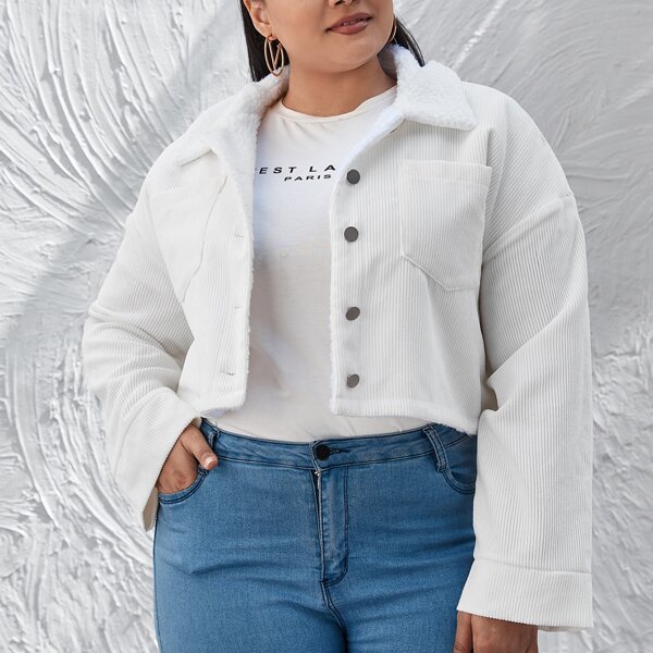 

Plus Corduroy Dual Pockets Teddy Lined Jacket, White