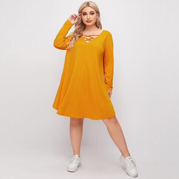 

Plus Crisscross Neck Solid Tee Dress, Bright mustard yellow