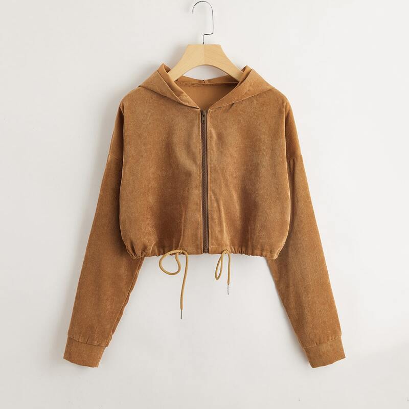 

Solid Zip Up Drawstring Jacket, Brown