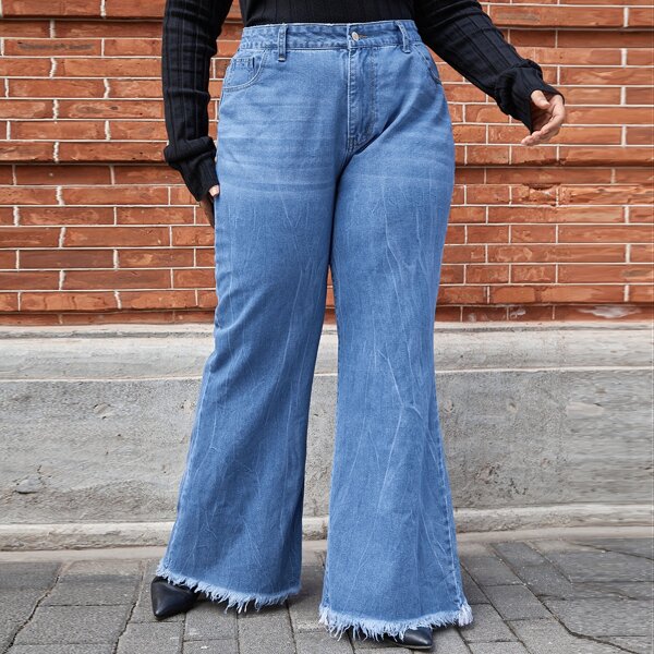 

Plus Raw Hem Flare Leg Jeans, Medium wash