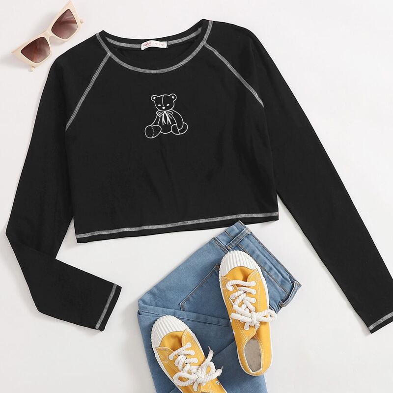 

Cartoon Graphic Crop Tee, Black