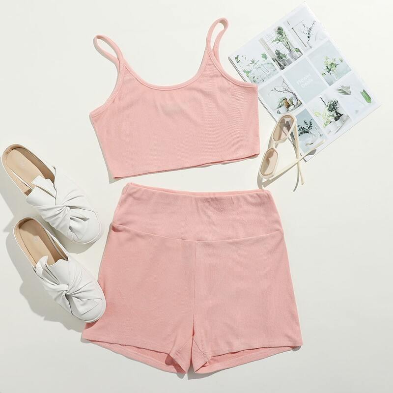 

Solid Ribbed Crop Cami & Shorts, Baby pink