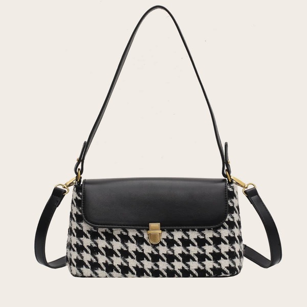

Push Lock Houndstooth Shoulder Bag, Black