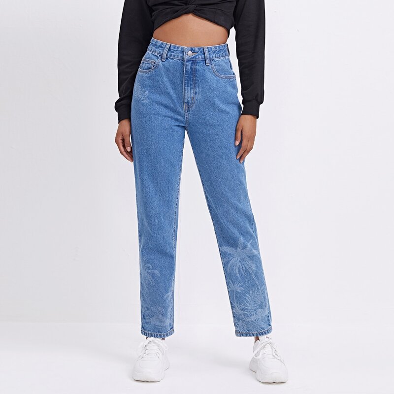 

High Waist Laser Printing Tropical Detail Mom Jeans, Light wash
