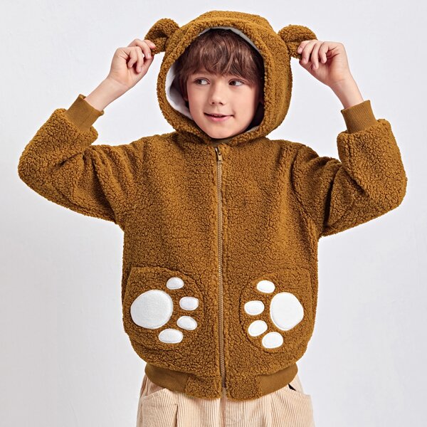 

Boys Patch Pocket Zipper Placket Hooded Teddy Jacket With Ears, Brown