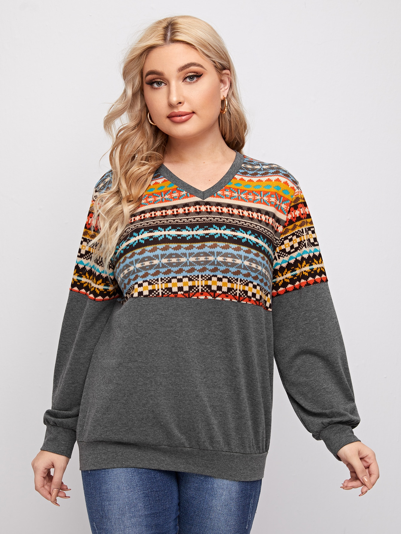 Plus V-neck Fair Isle Pattern Spliced Pullover thumbnail