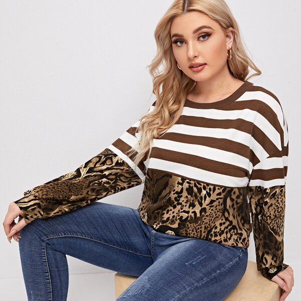 

Plus Drop Shoulder Leopard & Striped Pullover, Multicolor