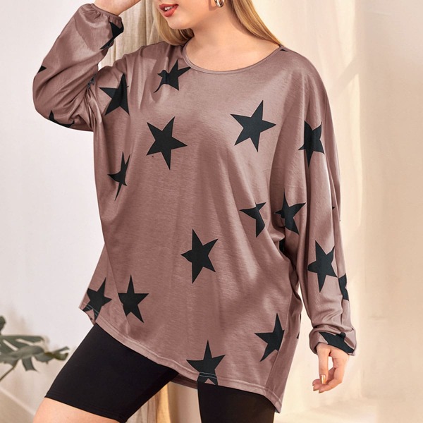 

Plus Star Print Batwing Sleeve Sweatshirt, Chocolate brown