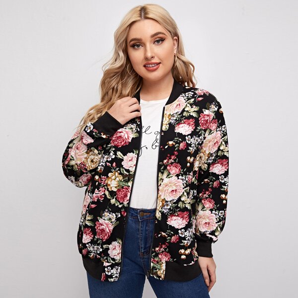 

Plus Floral Print Zipper Placket Bomber Jacket, Multicolor