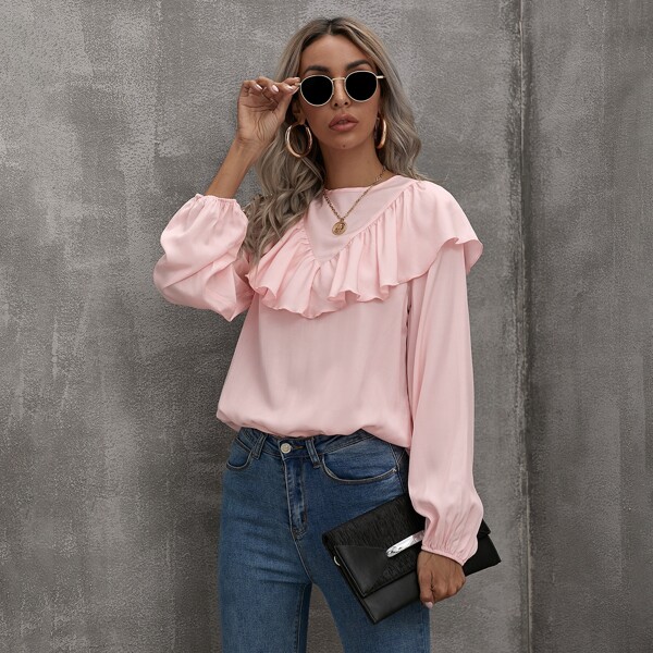 

Solid Ruffle Trim Keyhole Back Blouse, Baby pink
