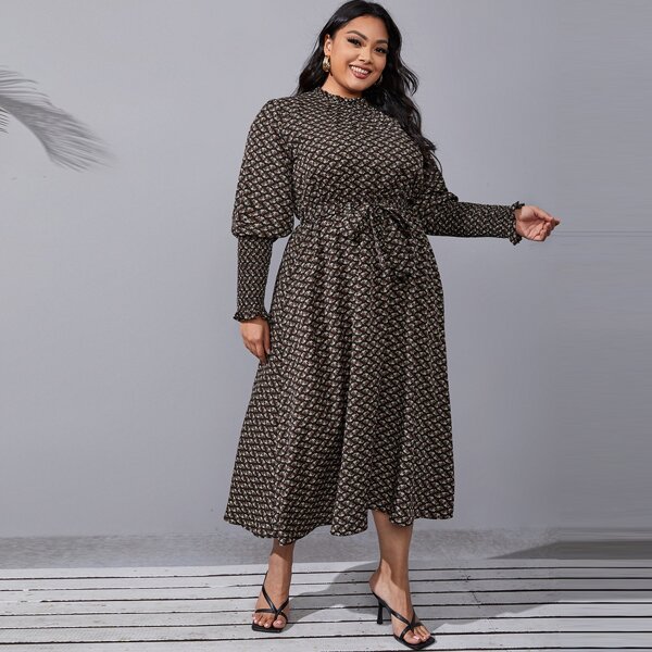 

Plus Ditsy Floral Gigot Sleeve Belted Dress, Multicolor
