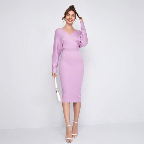 

Surplice Neck Dolman Sleeve Pencil Sweater Dress, Lilac purple