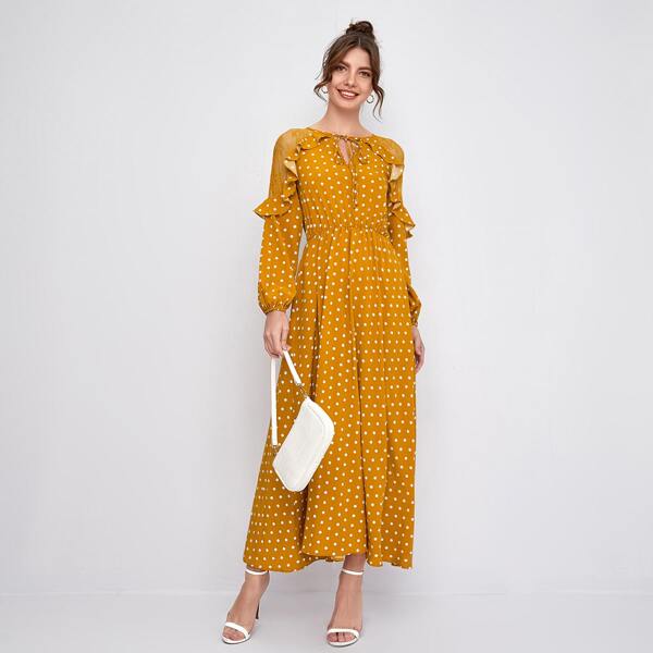 

Tie Neck Lace Shoulder Ruffle Trim Polka Dot Dress, Mustard yellow