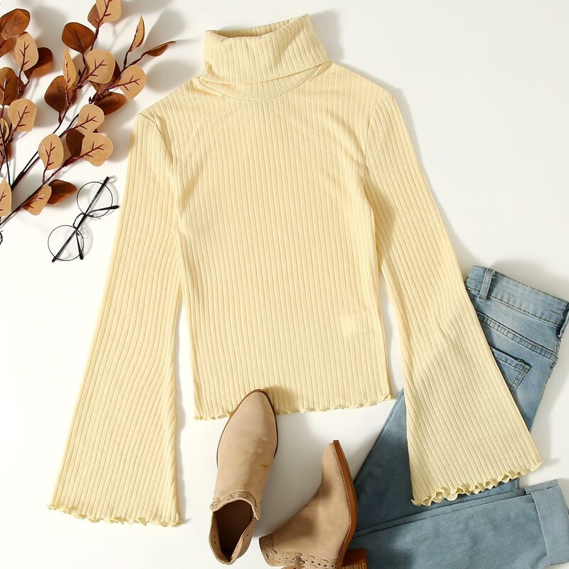 

Turtle Neck Bell Sleeve Lettuce Trim Rib-knit Top, Yellow