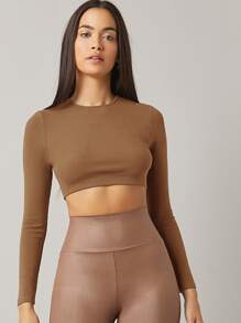 SHEIN BASICS Top crop algodón unicolor - Marrón - Ver 3