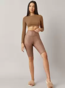 SHEIN BASICS Top crop algodón unicolor - Marrón - Ver 4