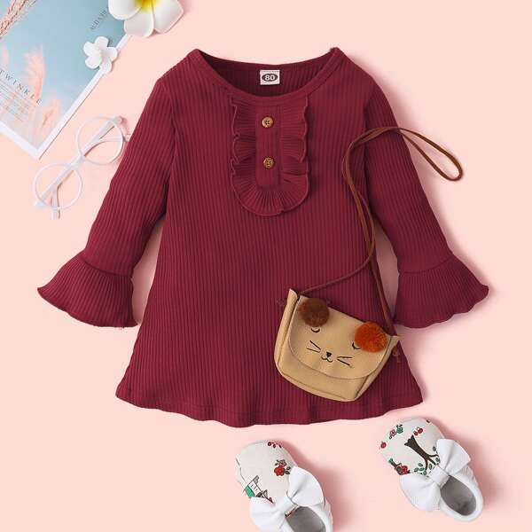 

Baby Girl Ruffle Trim Rib-knit Dress Without Bag, Burgundy