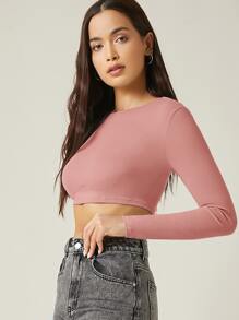 SHEIN BASICS Cotton Solid Crop Top - Dusty Pink - View 3
