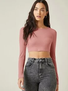 SHEIN BASICS Cotton Solid Crop Top - Dusty Pink - View 4