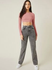 SHEIN BASICS Cotton Solid Crop Top - Dusty Pink - View 5