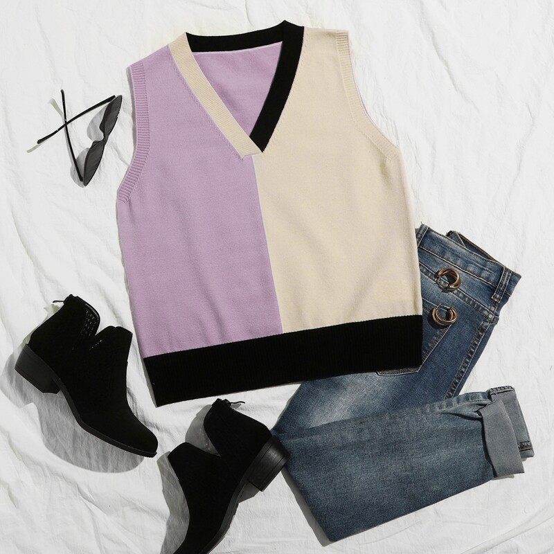 

V Neck Colorblock Sweater Vest, Multicolor