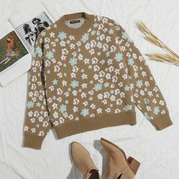 

Drop Shoulder Floral Sweater, Camel